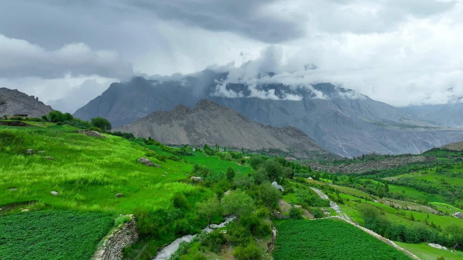 Green alpine meadows and mountains in Kashmir