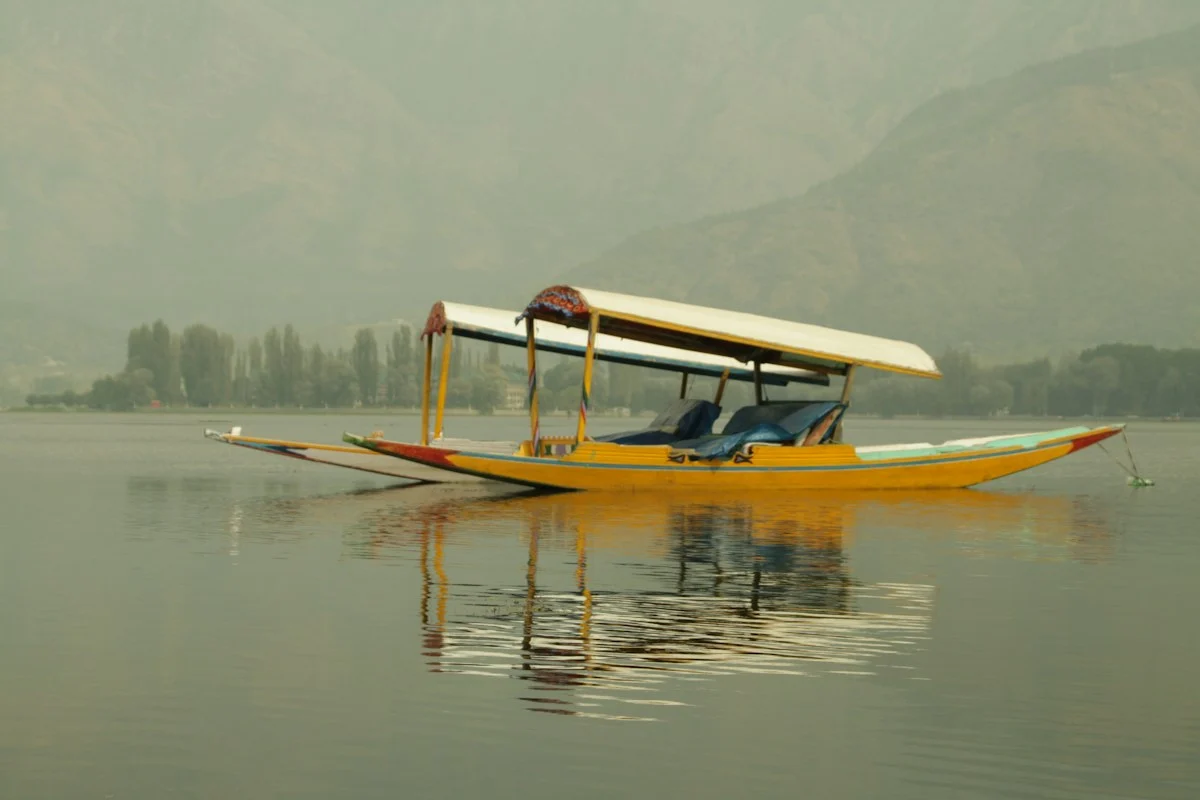 Colourful wooden boats resting on Dal Lake in Srinagar